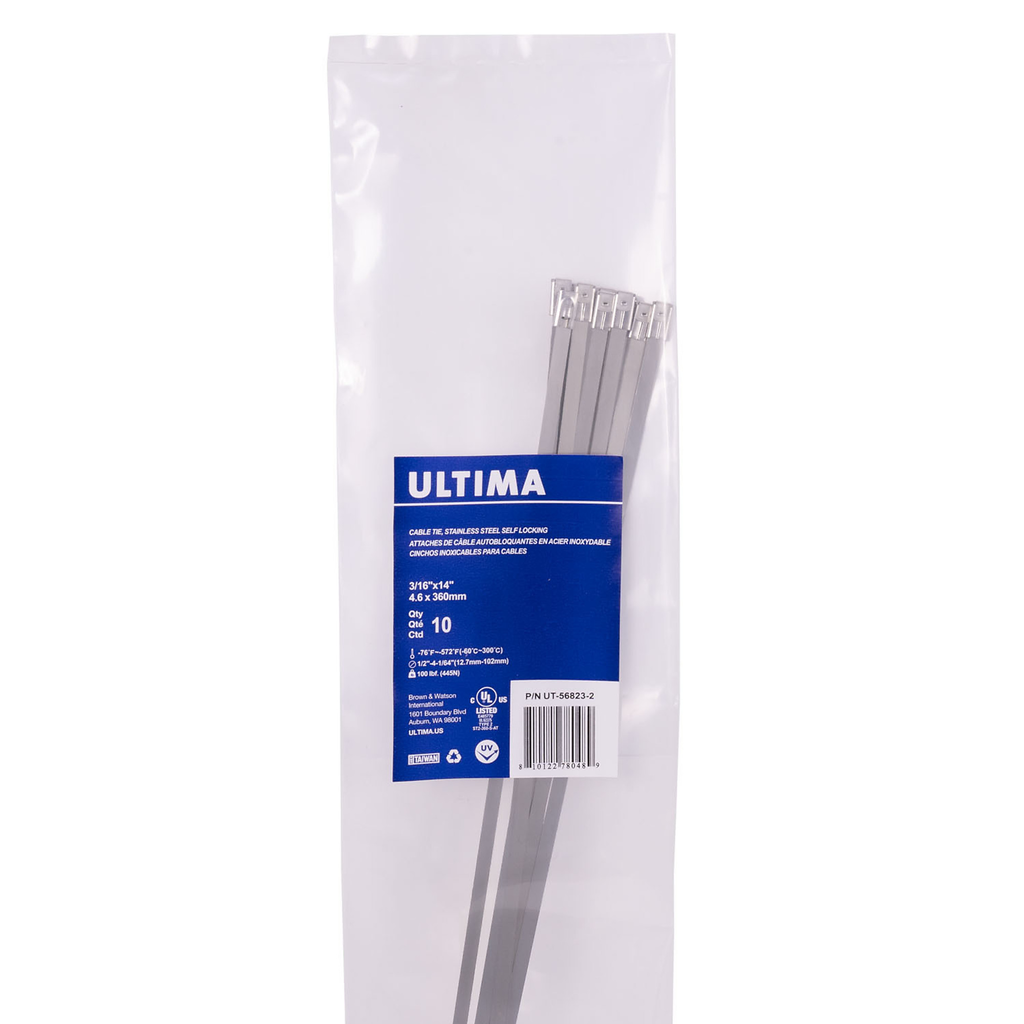 BWI Ultima, Stainless Steel Cable Tie, 3/16in. x 8in., 10 Piece, Pieces (qty.) 10 Model# UT-56821-2